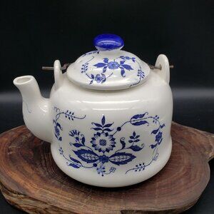 Vintage Japan Blue White Floral Teapot Wire Handle Porcelain Chinoiserie
